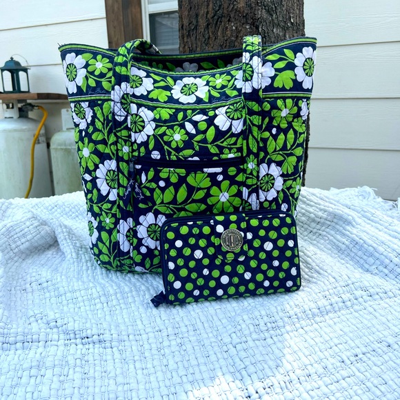 Vera Bradley Green and Blue Floral Tote with Wallet - Picture 1 of 5